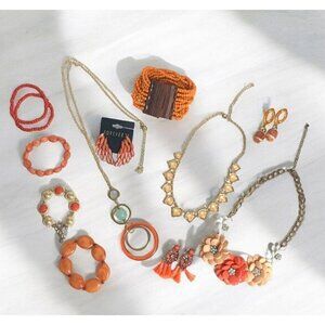 Coral Tone Boho Floral Gold Jewelry Bundle Set of 11